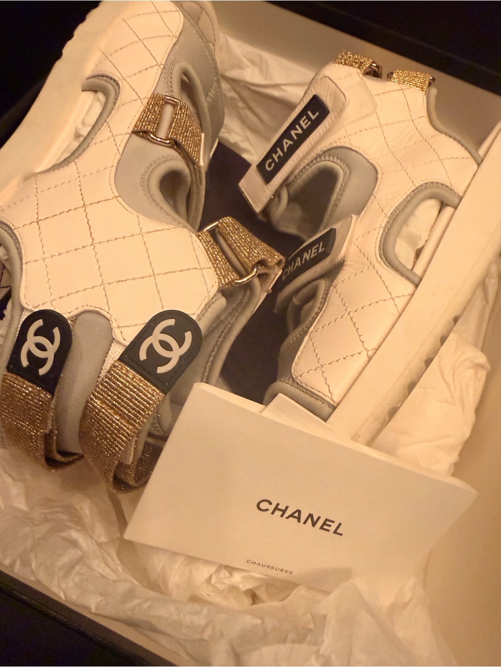 Chanel women’s White & Gold Quilted Sport Sandals - Picture 2 of 8